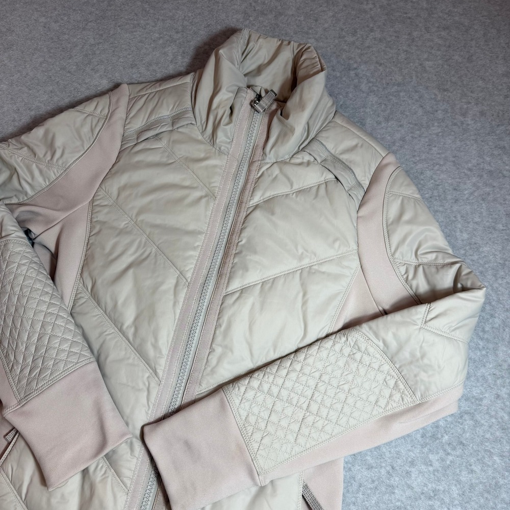 Athleta Rockridge Quilted Puffer Jacket Womens M Beige Full Zip Insulated Long